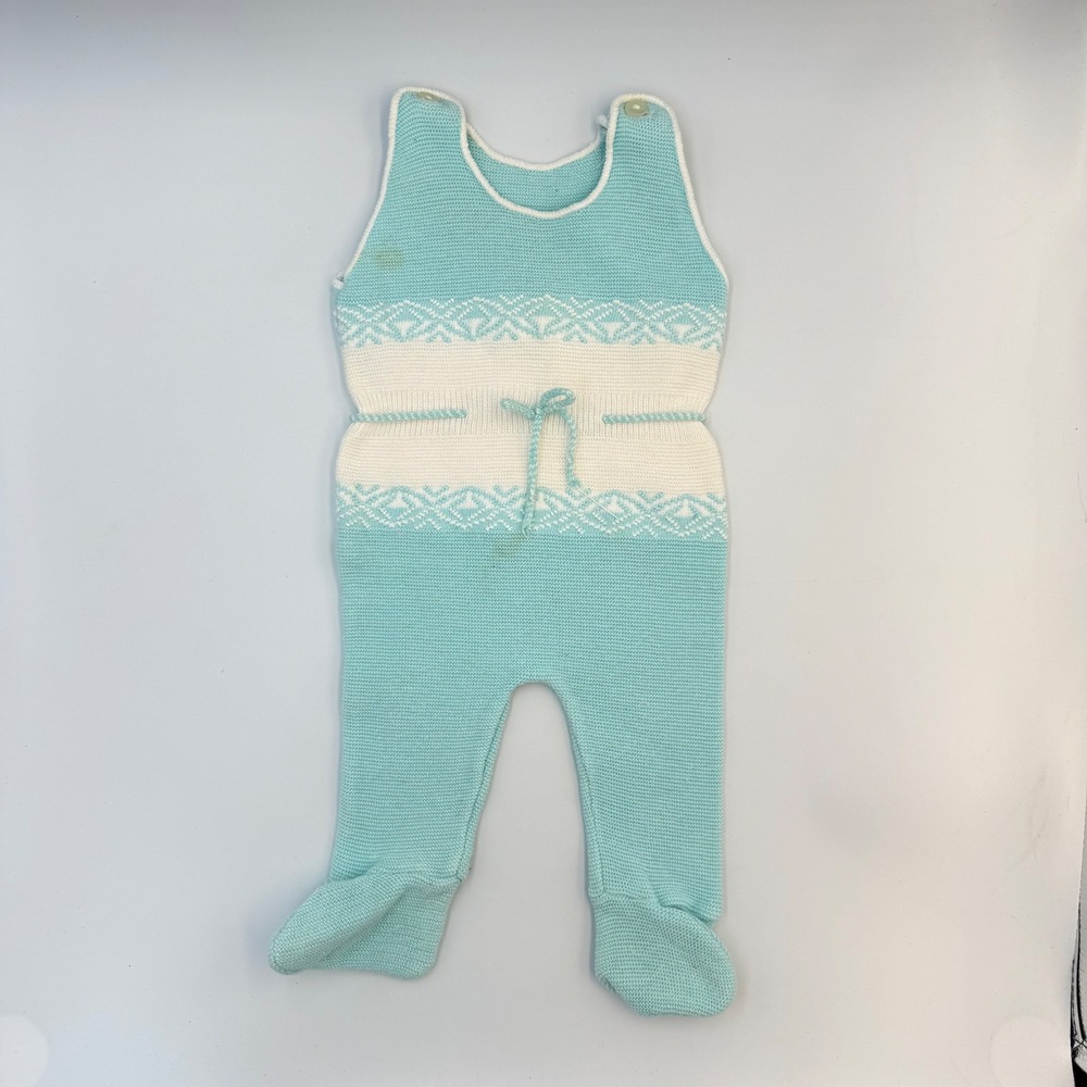 Vtg 70-80s Friedknit Creations Baby Romper 6–12M Turquoise Knit Footed One-Piece
